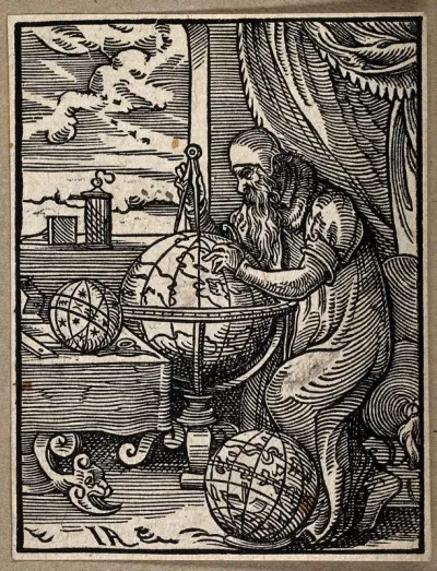 An astronomer and astrologer in his study, plotting points on a globe with a pair of dividers