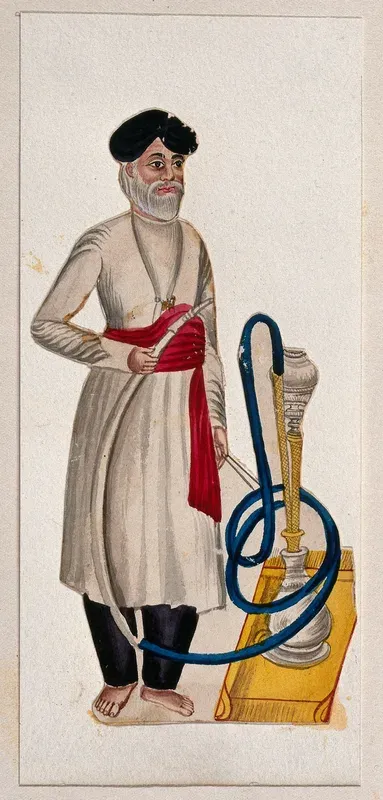 An attendant standing with a hookah (smoking pipe)