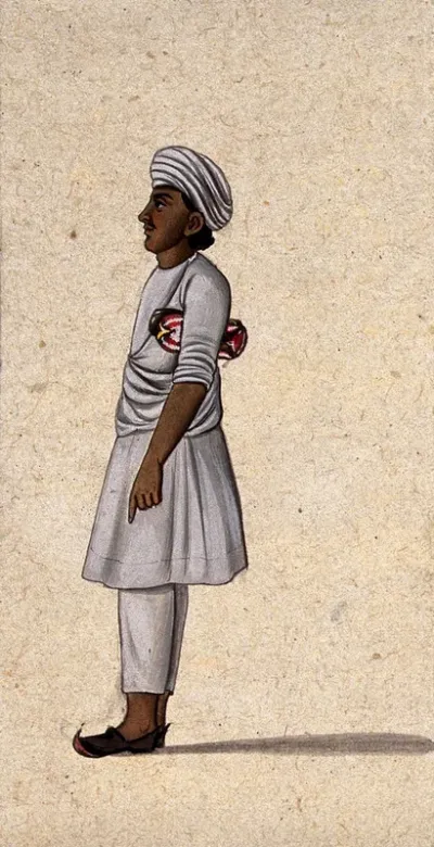 An attendant wearing Lucknow style clothing, holding a pair of slippers (?) under his arm
