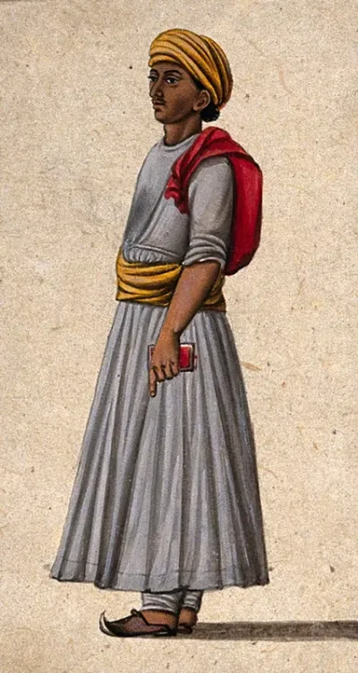 An attendant wearing Lucknow style clothing holding a red book