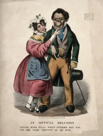 An attractive woman courting a strange looking man; suggesting that beauty is in the eye of the beholder