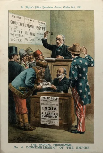 An auction at which British dominions are sold, according to proposed Liberal reforms; India being sold at auction to a Russian man