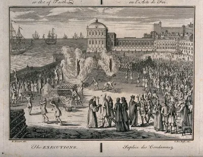 An auto-da-fé of the Spanish Inquisition and the execution of sentences by burning heretics on the stake in a market place