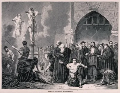 An auto-da-fé of the Spanish Inquisition: the burning of heretics in a market place