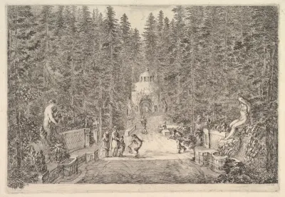 An avenue lined with statues in a pine forest, from "Views of the villa at Pratolino" (Vues de la villa de Pratolino)