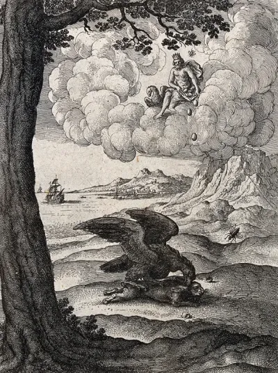 An eagle, perched on the back of a hare, pecks at its neck while Jupiter sitting in the clouds, shakes what seems like eggs from his cloak; illustration of a fable by Aesop