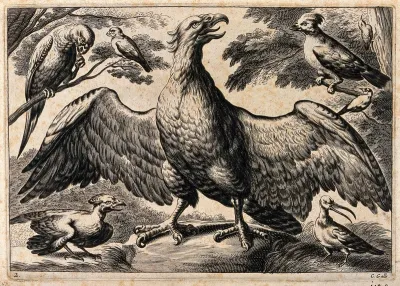 An eagle surrounded by parrots and other birds