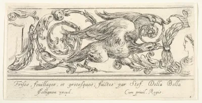 An eagle walking towards the right, a bust of a woman to right turned in profile towards the left, plate 1 from "Friezes, foliage, and grotesques" (Frises, feuillages et grotesques)