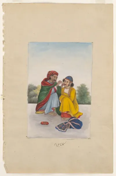 An ear-cleaner, attending to a man's ear