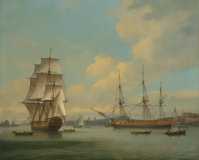 An East Indiaman in two positions off Deptford dockyard