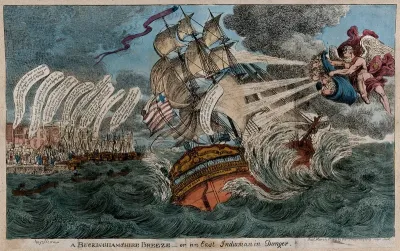 An East Indiaman (ship) buffeted by winds blown by four putti directed by the Earl of Buckinghamshire, President of the Board of Control