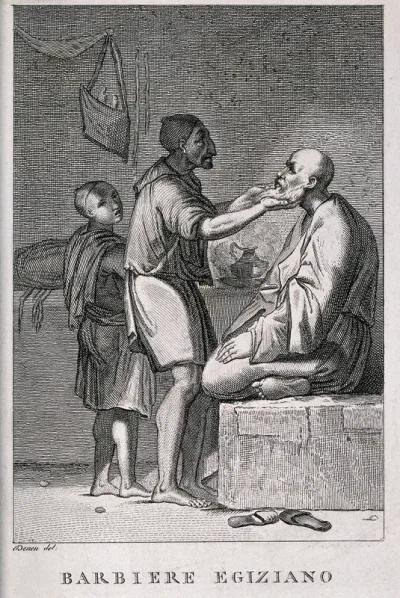 An Egyptian barber shaving a man; a boy assistant looks on
