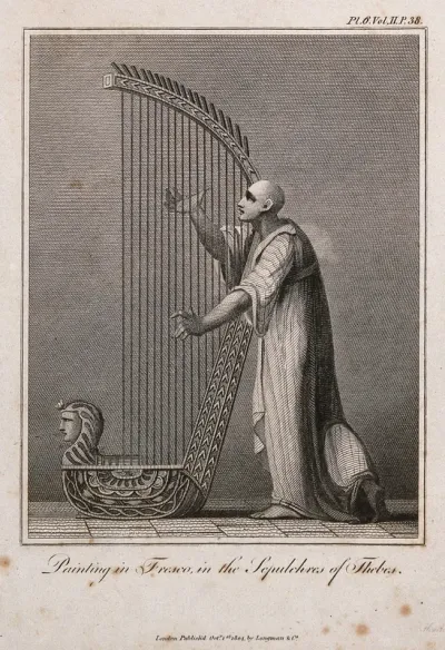 An Egyptian man is playing a large harp adorned with the figurehead of a woman