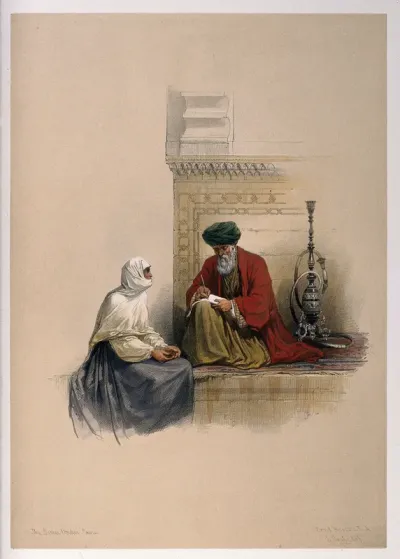 An Egyptian man sits beside his hooka writing a letter, he is watched by his client, a woman