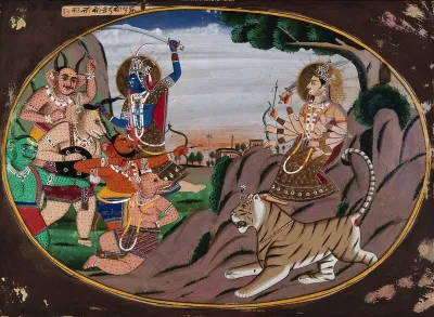 An eight-armed goddess (Durga ?) standing on a tiger's head faces a group of demons as one of them is attacked by a blue-skinned goddess