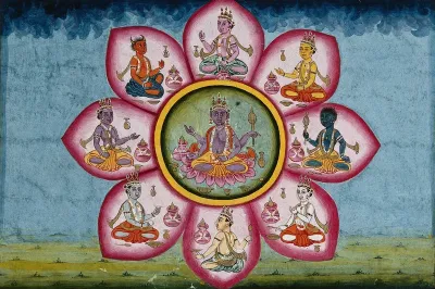 An eight-petalled lotus with Vishnu in the center, and eight other deities in each petal representing the eight cardinal directions (?)