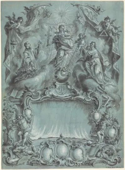 An Elaborate Rococo Setting with the Virgin and Child and Saints Defeating Evil, Heresy, and Profane Love