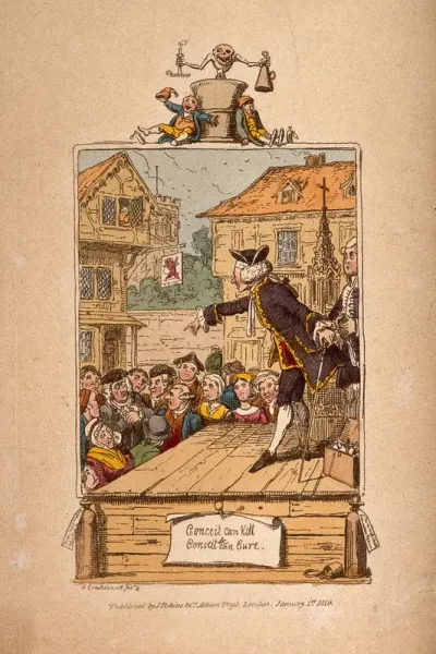 An elaborately dressed medicine vendor selling his wares from a stage to an audience, he points to a member of the crowd whose appearence suggests he is a doctor