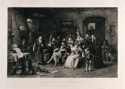 An elderly alchemist (Michael Sendivogius or Sędziwój?) conducting an experiment in front of Emperor Rudolf II and members of his court