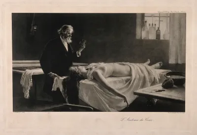 An elderly anatomist contemplates the heart that he has excised from the corpse of a beautiful, young woman