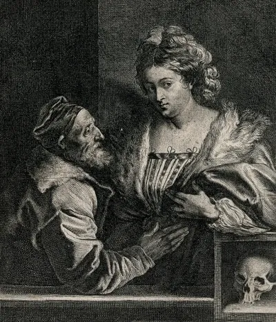 An elderly bearded man (the painter Titian?) places his right hand on the abdomen of a young woman who leans on a box containing a skull