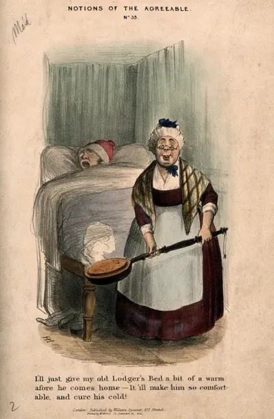 An elderly land-lady taking a warming-pan to put in her lodgers bed, which is already occupied by someone else