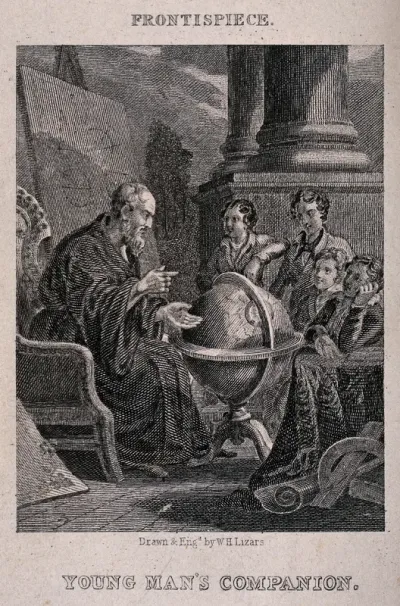 An elderly man is teaching a group of boys the geography of the world from a globe