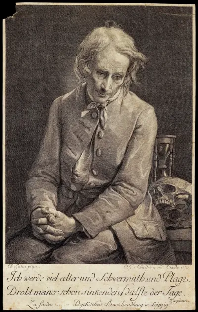 An elderly man with a skull and an hourglass, representing the misery of old age