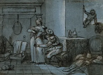 An elderly seated man proffering money to a young woman, overlooked by a young man climbing in through the window