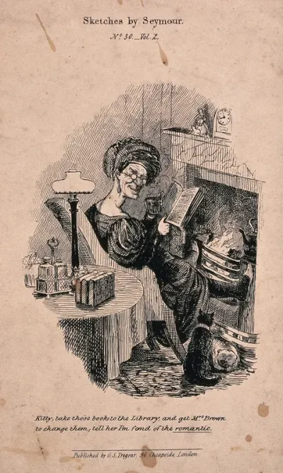 An elderly woman reading a novel by the fire asks her maid to change her library books, with a preference for romantic fiction
