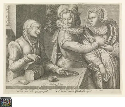 An elderly woman tempting a young man