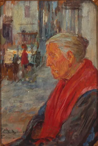 An elderly woman with a red shawl