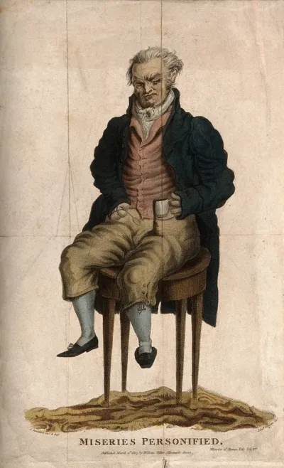 An elderly wretched man with a deformed hand, sitting on a table accidentally pouring a drink over himself