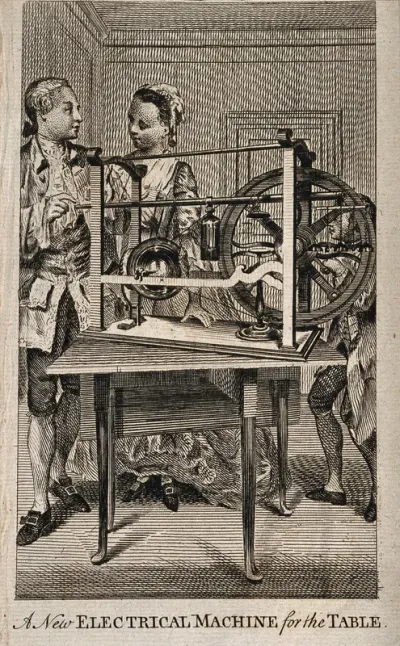 An electrical machine: a man is shown demonstrating a table-top electrical machine to a young woman