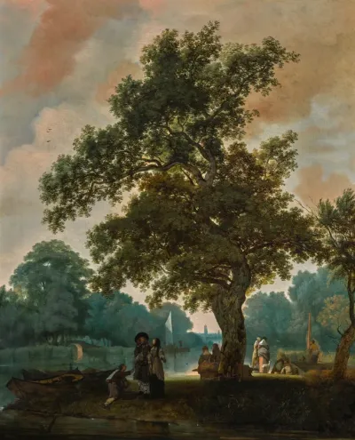 An elegant company by a lake, with Utrecht Cathedral in the distance