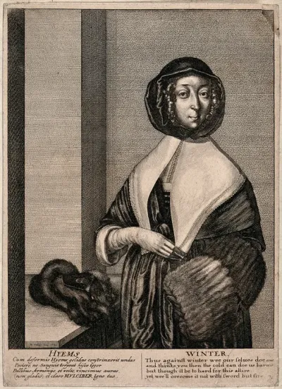 An elegant lady with gloves, mask and fur muff; representing Winter