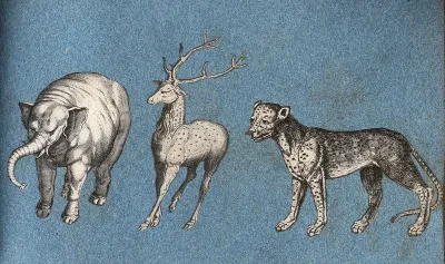 An elephant, a deer and a leopard (or cheetah?)