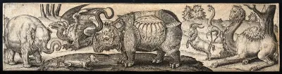 An elephant, a dragon, a reptile, a rhinoceros, a goat and two giraffes