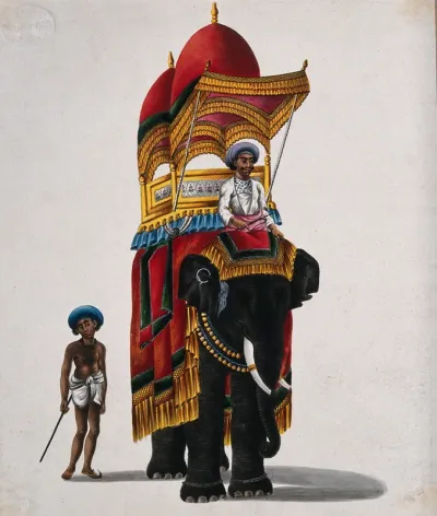 An elephant carrying a howdah, with two attendants