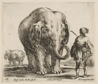 An elephant in center, his mahout standing to the right wearing an Oriental costume, another elephant to left in background, plate 16 from "Diversi capricci"