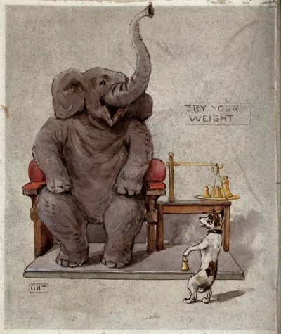 An elephant seated in an armchair is being weighed by a small dog