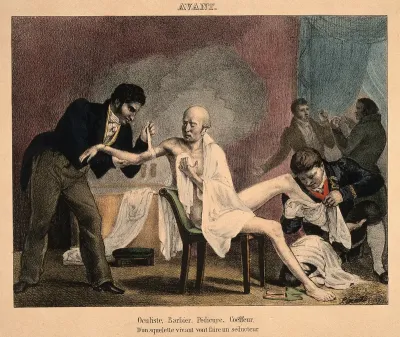 An emaciated old man is transformed by four beauticians