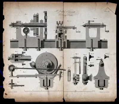 An engineering lathe mechanism: long section, cross-section, and details