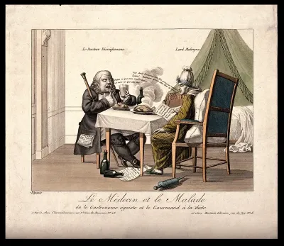 An English doctor instructs his English patient not to eat as he does