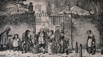 An English gentleman stands at the open gates of his mansion handing out food to the poor who are gathered around