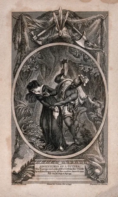 An English woman lost in the American jungle is captured by a native American with a tomahawk