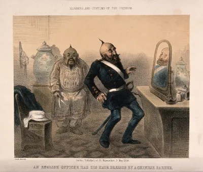 An Englishman is startled when he sees his reflection in the mirror and finds his Chinese barber has given him a queue