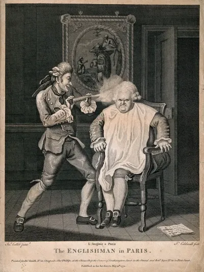 An Englishman seated in a Parisian coiffeur's salon having his hair dressed by a mischievous Frenchman