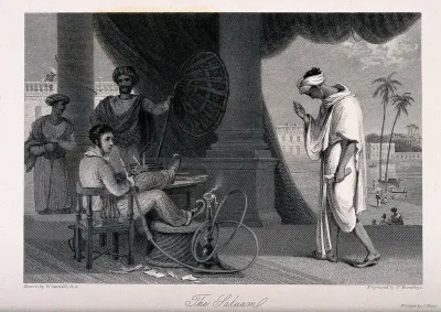 An Englishman sits smoking a hookah as an Asian man approaches making a salaam