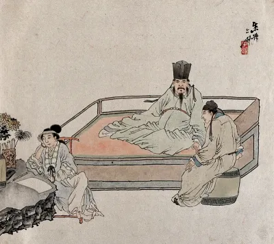 An enthroned figure speaks to a visitor while a woman in the forefront waits for her thoughts to settle before writing on a sheet of paper